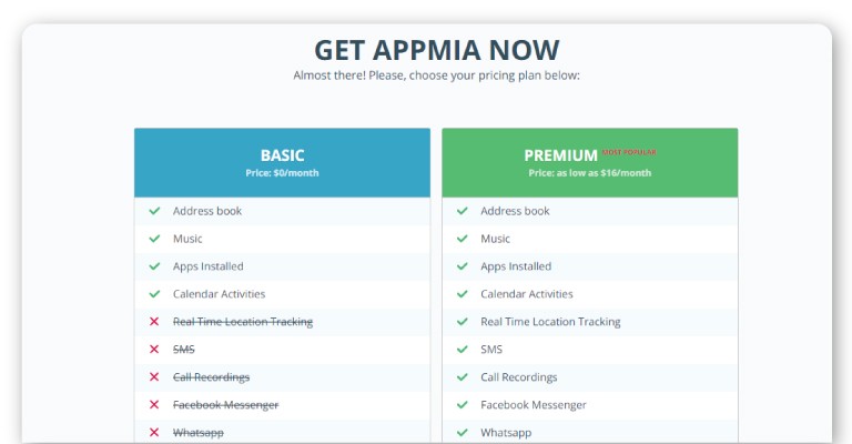 Appmia prices review on TheWiSpy android spy apps