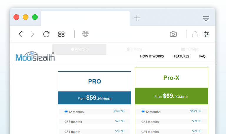 the pricing of mobstealth app